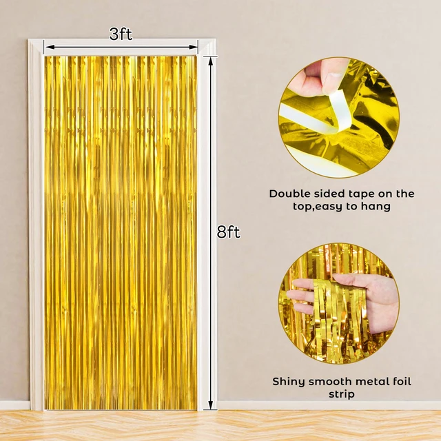 Alt view image 2 of 7 - Gold Foil Fringe Curtain 10 Pack 3 x 8 Ft College Welcome Warm gold metallic tinsel adds polished shine while adhesive backs simplify setup on walls doorways arches and photo areas