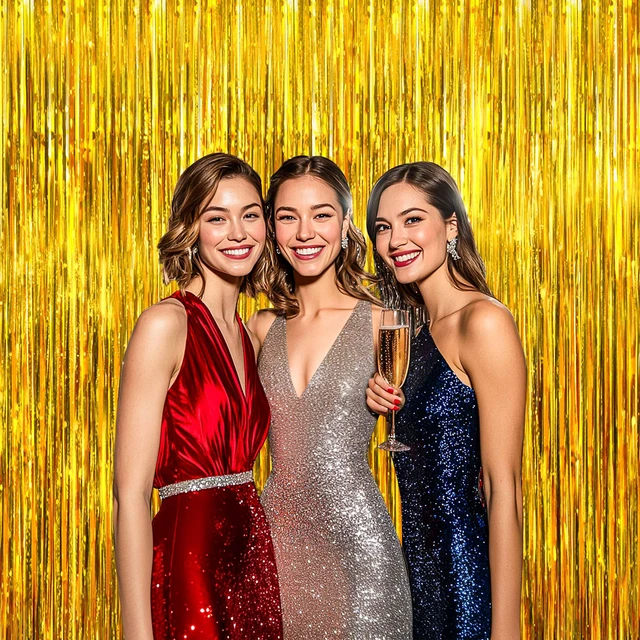 Alt view image 3 of 7 - Gold Foil Fringe Curtain 10 Pack 3 x 8 Ft College Welcome Warm gold metallic tinsel adds polished shine while adhesive backs simplify setup on walls doorways arches and photo areas