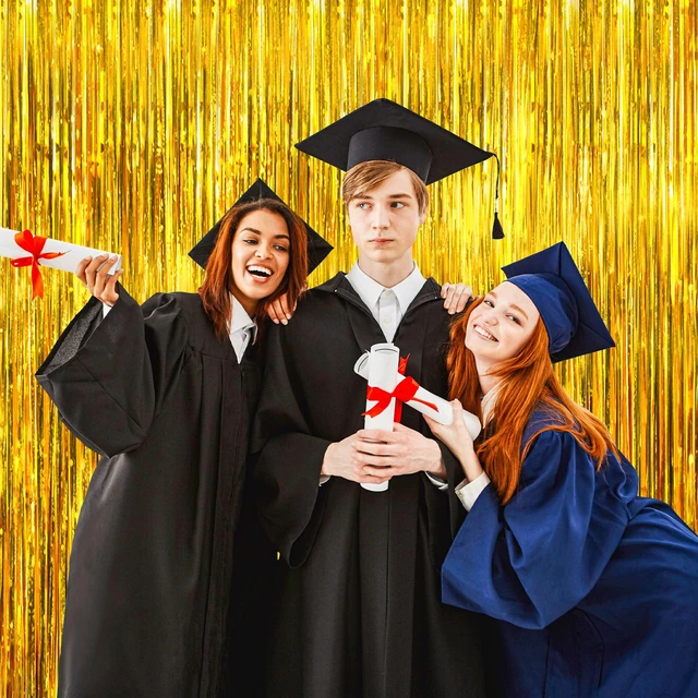 Alt view image 6 of 7 - Gold Foil Fringe Curtain 10 Pack 3 x 8 Ft College Welcome Warm gold metallic tinsel adds polished shine while adhesive backs simplify setup on walls doorways arches and photo areas
