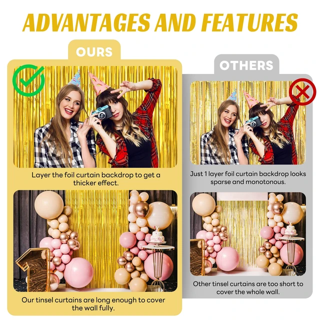 Alt view image 5 of 7 - Gold Foil Fringe Curtain 10 Pack 3 x 8 Ft College Welcome Warm gold metallic tinsel adds polished shine while adhesive backs simplify setup on walls doorways arches and photo areas