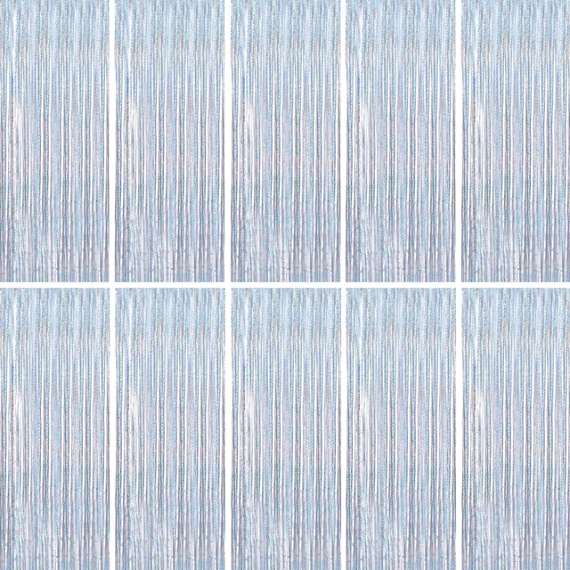 Main image of Holographic Silver Fringe Curtain 10 Pack 3 x 8 Ft Dorm Decor Holographic silver tinsel reflects shifting rainbow tones while adhesive backs simplify setup on walls doorways and arches