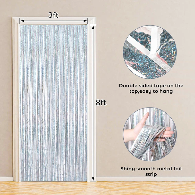Alt view image 2 of 7 - Holographic Silver Fringe Curtain 10 Pack 3 x 8 Ft Dorm Decor Holographic silver tinsel reflects shifting rainbow tones while adhesive backs simplify setup on walls doorways and arches