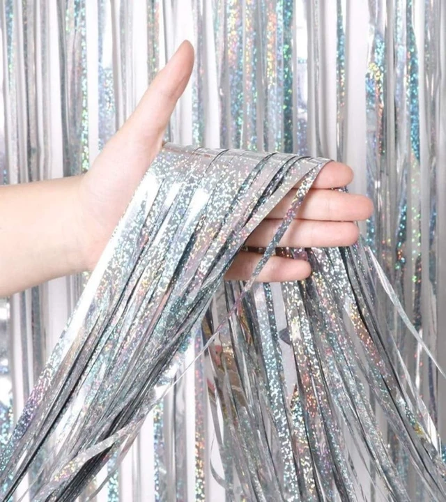 Alt view image 5 of 7 - Holographic Silver Fringe Curtain 10 Pack 3 x 8 Ft Dorm Decor Holographic silver tinsel reflects shifting rainbow tones while adhesive backs simplify setup on walls doorways and arches
