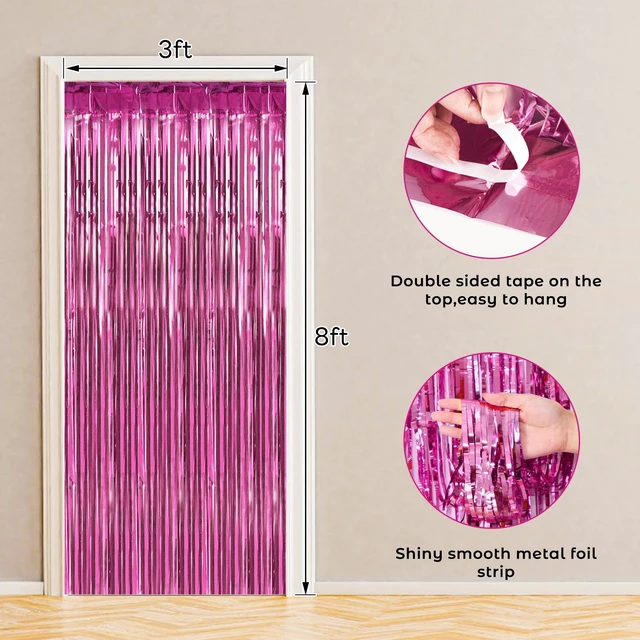 Alt view image 2 of 7 - Pink Foil Fringe Curtain 10 Pack 3 x 8 Ft Dorm Move in Soft pink metallic tinsel adds a rosy shimmer while adhesive backs simplify setup on walls doorways arches and photo areas