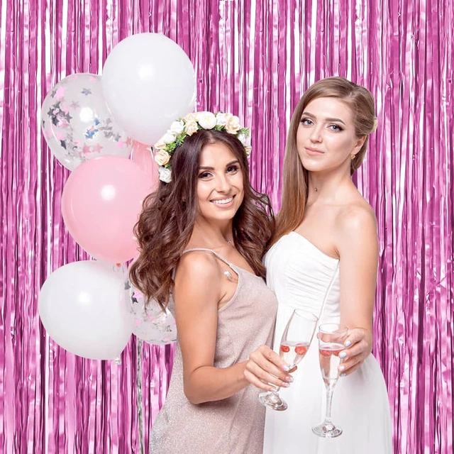 Alt view image 3 of 7 - Pink Foil Fringe Curtain 10 Pack 3 x 8 Ft Dorm Move in Soft pink metallic tinsel adds a rosy shimmer while adhesive backs simplify setup on walls doorways arches and photo areas