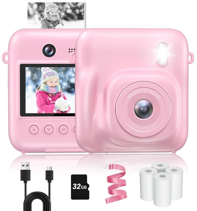Main image of Kids Camera Instant Print, 48MP Selfie Digital Camera, Pink Kids Christmas Birthday Gifts, 1080P, with Print Paper, 32GB Card, Toddle Toy for 4 5 6 7 8 9 Year Old Boys Girls