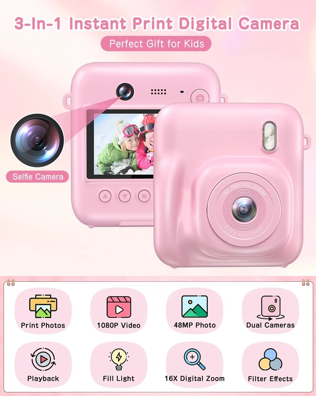 Alt view image 2 of 7 - Kids Camera Instant Print, 48MP Selfie Digital Camera, Pink Kids Christmas Birthday Gifts, 1080P, with Print Paper, 32GB Card, Toddle Toy for 4 5 6 7 8 9 Year Old Boys Girls