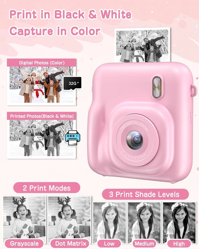 Alt view image 3 of 7 - Kids Camera Instant Print, 48MP Selfie Digital Camera, Pink Kids Christmas Birthday Gifts, 1080P, with Print Paper, 32GB Card, Toddle Toy for 4 5 6 7 8 9 Year Old Boys Girls