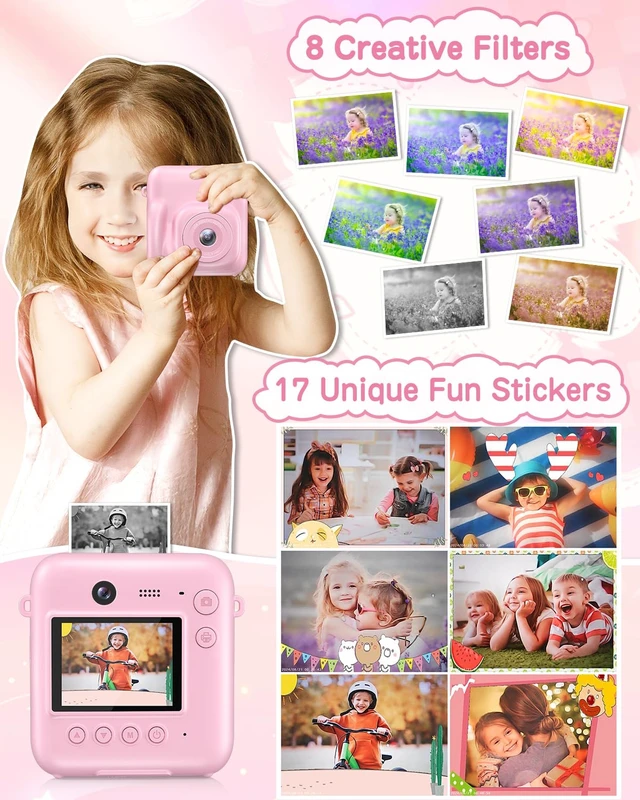 Alt view image 5 of 7 - Kids Camera Instant Print, 48MP Selfie Digital Camera, Pink Kids Christmas Birthday Gifts, 1080P, with Print Paper, 32GB Card, Toddle Toy for 4 5 6 7 8 9 Year Old Boys Girls