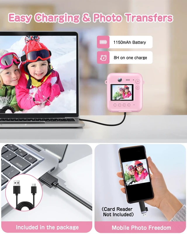 Alt view image 6 of 7 - Kids Camera Instant Print, 48MP Selfie Digital Camera, Pink Kids Christmas Birthday Gifts, 1080P, with Print Paper, 32GB Card, Toddle Toy for 4 5 6 7 8 9 Year Old Boys Girls