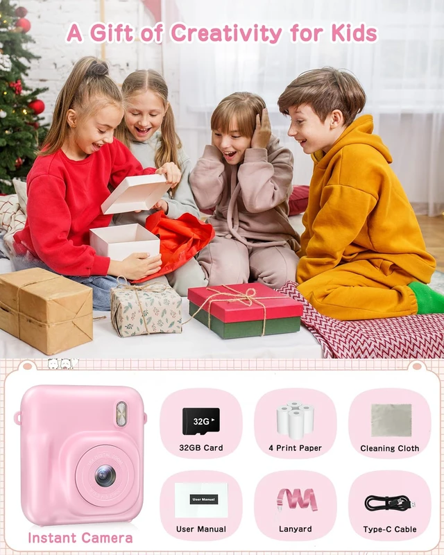 Alt view image 7 of 7 - Kids Camera Instant Print, 48MP Selfie Digital Camera, Pink Kids Christmas Birthday Gifts, 1080P, with Print Paper, 32GB Card, Toddle Toy for 4 5 6 7 8 9 Year Old Boys Girls