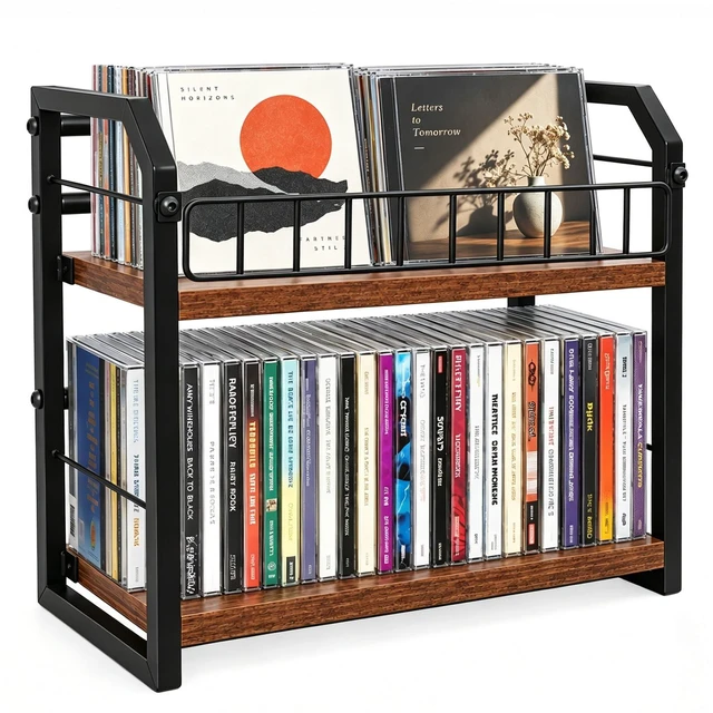Main image of 2-Tier CD Storage Rack, CD Holder Holds Up to 60 CDs with Display Top Shelf, Metal and Wood CD Organizer Stand for Standard Jewel Cases, Compact Desktop CD Shelf for Home Office