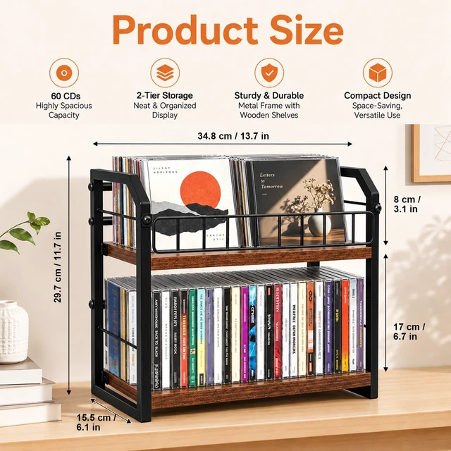 Alt view image 2 of 7 - 2-Tier CD Storage Rack, CD Holder Holds Up to 60 CDs with Display Top Shelf, Metal and Wood CD Organizer Stand for Standard Jewel Cases, Compact Desktop CD Shelf for Home Office