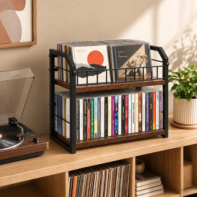 Alt view image 4 of 7 - 2-Tier CD Storage Rack, CD Holder Holds Up to 60 CDs with Display Top Shelf, Metal and Wood CD Organizer Stand for Standard Jewel Cases, Compact Desktop CD Shelf for Home Office