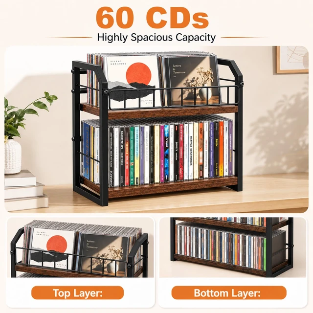 Alt view image 3 of 7 - 2-Tier CD Storage Rack, CD Holder Holds Up to 60 CDs with Display Top Shelf, Metal and Wood CD Organizer Stand for Standard Jewel Cases, Compact Desktop CD Shelf for Home Office