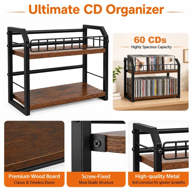 Alt view image 5 of 7 - 2-Tier CD Storage Rack, CD Holder Holds Up to 60 CDs with Display Top Shelf, Metal and Wood CD Organizer Stand for Standard Jewel Cases, Compact Desktop CD Shelf for Home Office