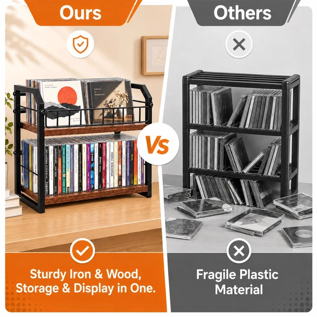 Alt view image 6 of 7 - 2-Tier CD Storage Rack, CD Holder Holds Up to 60 CDs with Display Top Shelf, Metal and Wood CD Organizer Stand for Standard Jewel Cases, Compact Desktop CD Shelf for Home Office