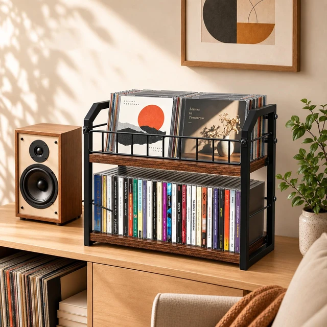 Alt view image 7 of 7 - 2-Tier CD Storage Rack, CD Holder Holds Up to 60 CDs with Display Top Shelf, Metal and Wood CD Organizer Stand for Standard Jewel Cases, Compact Desktop CD Shelf for Home Office