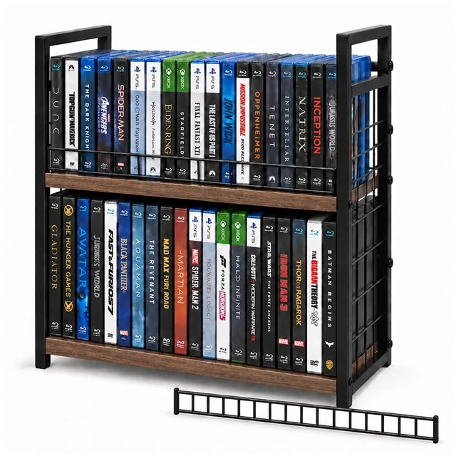 Main image of 2-Tier DVD Rack, Blu-ray Video Game Storage with Detachable Door Stackable Design for Easy Access, Holds 56 DVD Cases, CD and Blu-ray Organizer with Wood-Grain Shelves