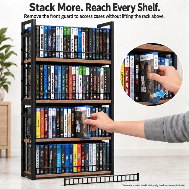 Alt view image 2 of 7 - 2-Tier DVD Rack, Blu-ray Video Game Storage with Detachable Door Stackable Design for Easy Access, Holds 56 DVD Cases, CD and Blu-ray Organizer with Wood-Grain Shelves