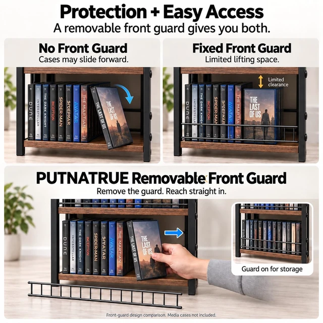 Alt view image 3 of 7 - 2-Tier DVD Rack, Blu-ray Video Game Storage with Detachable Door Stackable Design for Easy Access, Holds 56 DVD Cases, CD and Blu-ray Organizer with Wood-Grain Shelves