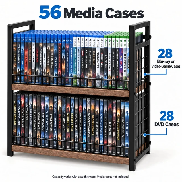 Alt view image 4 of 7 - 2-Tier DVD Rack, Blu-ray Video Game Storage with Detachable Door Stackable Design for Easy Access, Holds 56 DVD Cases, CD and Blu-ray Organizer with Wood-Grain Shelves