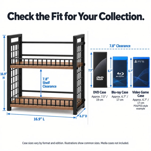 Alt view image 5 of 7 - 2-Tier DVD Rack, Blu-ray Video Game Storage with Detachable Door Stackable Design for Easy Access, Holds 56 DVD Cases, CD and Blu-ray Organizer with Wood-Grain Shelves