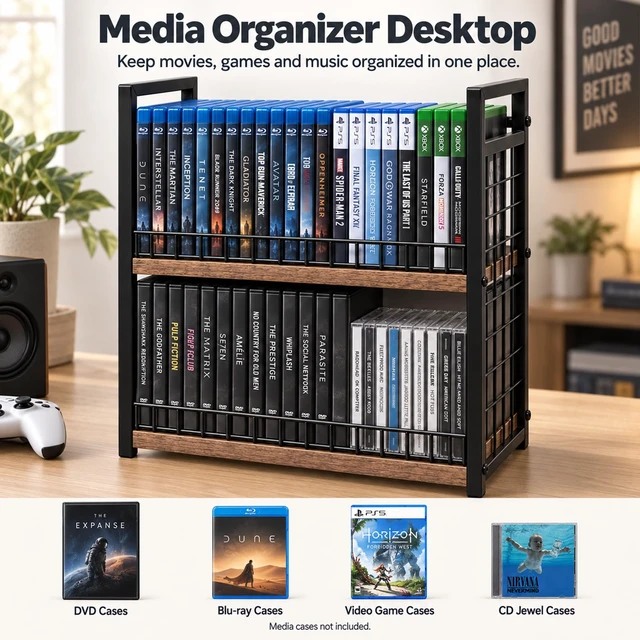 Alt view image 6 of 7 - 2-Tier DVD Rack, Blu-ray Video Game Storage with Detachable Door Stackable Design for Easy Access, Holds 56 DVD Cases, CD and Blu-ray Organizer with Wood-Grain Shelves