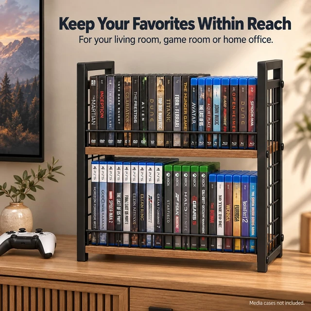 Alt view image 7 of 7 - 2-Tier DVD Rack, Blu-ray Video Game Storage with Detachable Door Stackable Design for Easy Access, Holds 56 DVD Cases, CD and Blu-ray Organizer with Wood-Grain Shelves