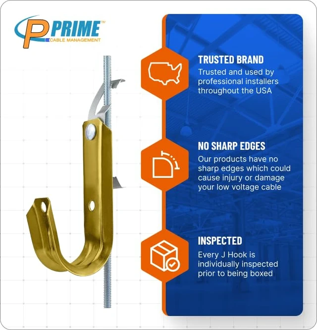 Alt view image 4 of 7 - Heavy Duty Metal Cable Support Batwing J-Hook Hangers with Bat Wing Clip for Ceiling Wire & Threaded Rod for Cable Management