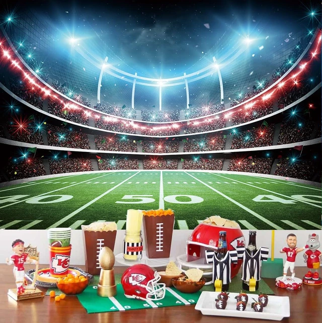 Alt view image 3 of 7 - 10x8ft Football Field Backdrop Sports Stadium Auditorium Light Background Football Photography Background, Football Theme Birthday Banner, Baby Shower Party Decoration Cake Table Photo Props