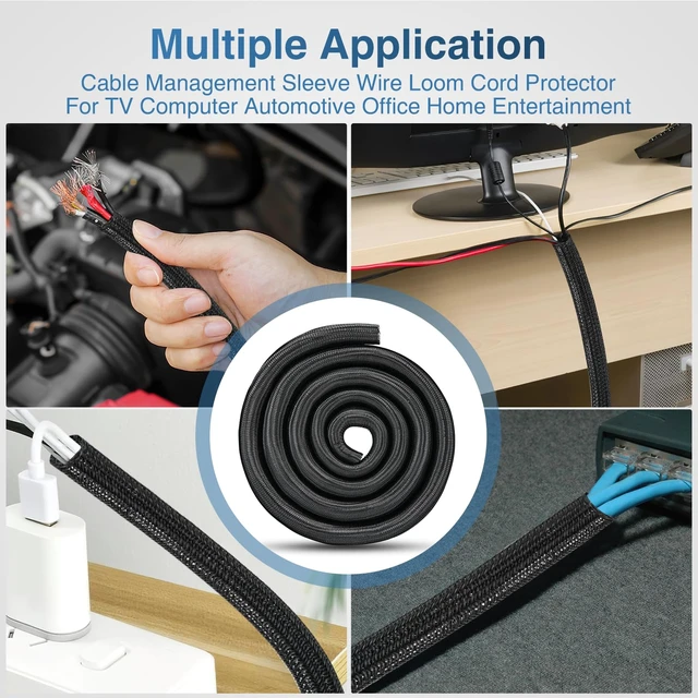 Alt view image 6 of 7 - Cable Sleeve, 10ft-1inch Cord Management Sleeves Black Wire Loom Braided Sleeving, Split Self Wrapping Wire Loom for Computer Electrical Automotive Harness Protector Organizer, Black