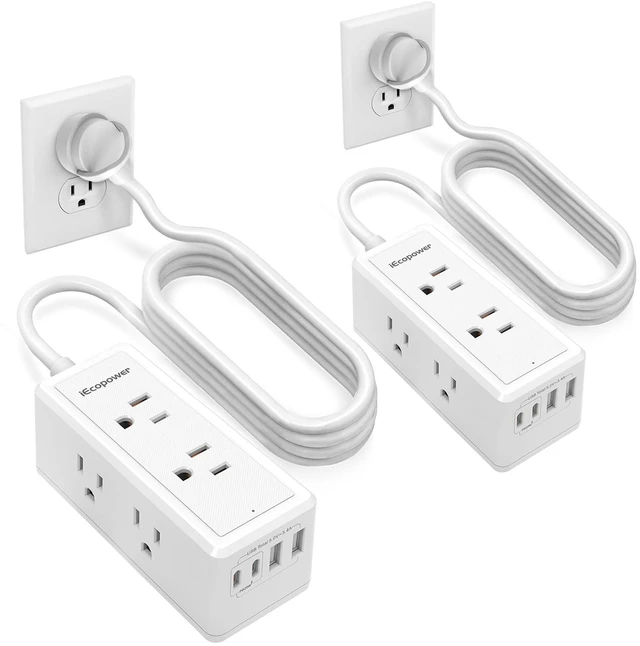 Main image of 10 FT Extension Cord Power Strip-with 6 Widely Outlets and 4 USB Ports(2 USB-C Port,PD20W Fast Charging),Extension Cord 10 ft(1250W/10A),Wall Mount for Home Office,900 J,White(2 Pack)