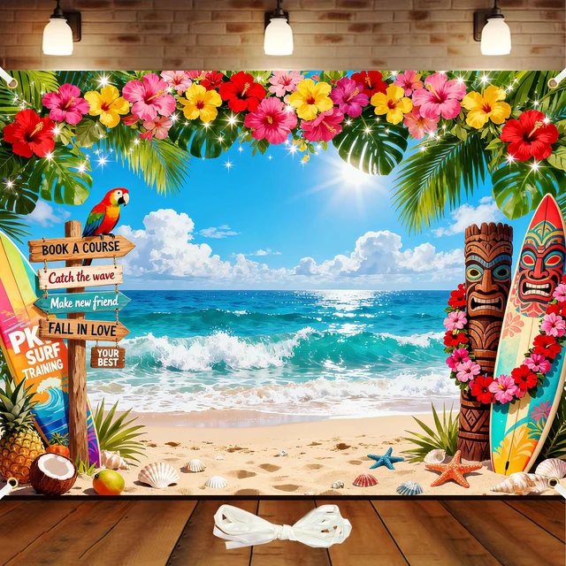 Main image of 8x6ft Hawaiian Backdrop, Summer Beach Backdrop Tropical Background Double Stitched Edges, HD Tropical Print, 4 Grommets & Ribbon, Ideal for Luau Aloha Party, Photoshoot & Scene Decoration