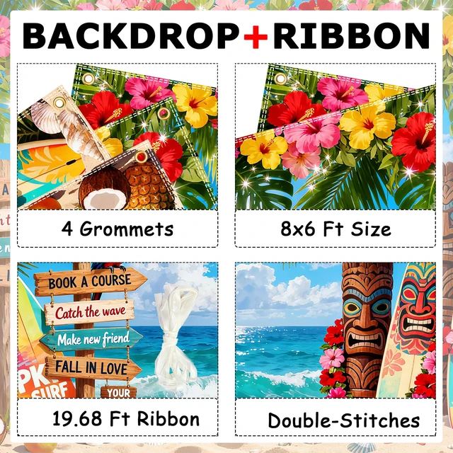 Alt view image 3 of 5 - 8x6ft Hawaiian Backdrop, Summer Beach Backdrop Tropical Background Double Stitched Edges, HD Tropical Print, 4 Grommets & Ribbon, Ideal for Luau Aloha Party, Photoshoot & Scene Decoration