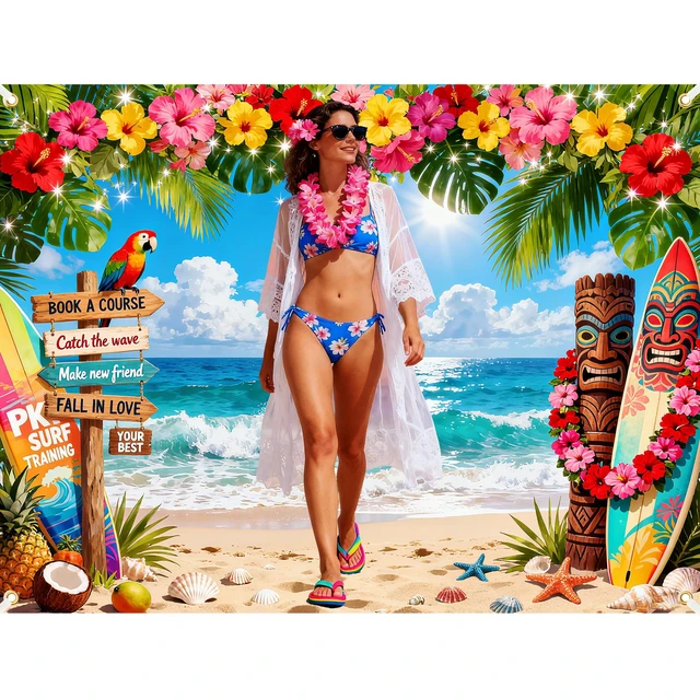 Alt view image 4 of 5 - 8x6ft Hawaiian Backdrop, Summer Beach Backdrop Tropical Background Double Stitched Edges, HD Tropical Print, 4 Grommets & Ribbon, Ideal for Luau Aloha Party, Photoshoot & Scene Decoration