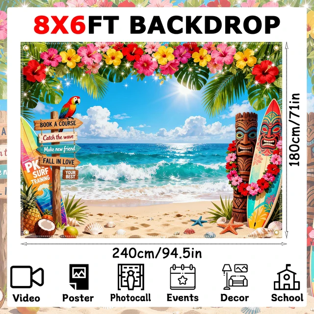 Alt view image 2 of 5 - 8x6ft Hawaiian Backdrop, Summer Beach Backdrop Tropical Background Double Stitched Edges, HD Tropical Print, 4 Grommets & Ribbon, Ideal for Luau Aloha Party, Photoshoot & Scene Decoration