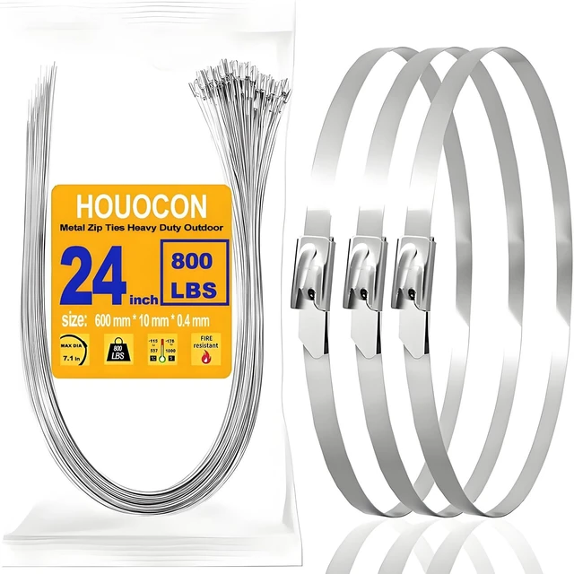 Main image of Metal Zip Ties Heavy Duty, 800 Lbs 24 Inch Stainless Steel Cable Ties 40 Pcs Self-Locking Metal Ties Wraps for Exhaust Wrap, Cables, Farms, Pipes, Roofs and Outdoor Fence