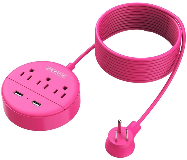 Main image of 15 ft Extension Cord Power Strip with USB, Mountable Power Strip Flat Plug with 3 Outlet 2 USB, ETL Listed, Desktop Charging Station, Compact Size for Home Office Dorm Room Nightstand, Pink