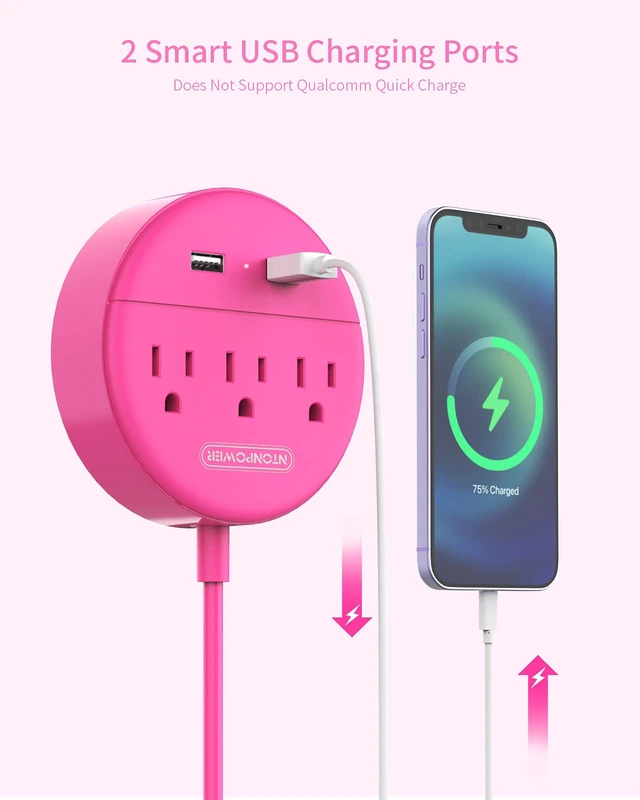 Alt view image 6 of 7 - 15 ft Extension Cord Power Strip with USB, Mountable Power Strip Flat Plug with 3 Outlet 2 USB, ETL Listed, Desktop Charging Station, Compact Size for Home Office Dorm Room Nightstand, Pink