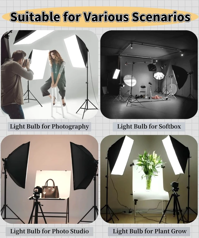 Alt view image 5 of 6 - 2 Pack LED 85W 2700-6500K Photography Light Bulb E27 Base Adjust 3 Color White/Cool/Warm Light by Remote Control, Softbox LED Light Bulb Photo Video Studio Lighting Backstrop Stand