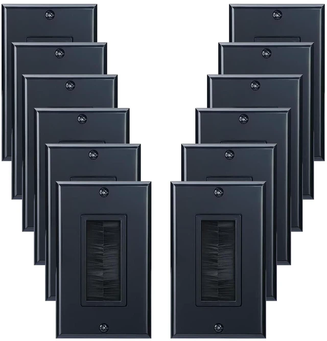 Main image of 1 Gang Brush Wall Plate Decora Style black Brush Wall for Passing Through Speaker Wires/Coaxial/HDMI/Network/Phone/Audio/Video Cables, Pack of 12, Black, 24 Screws Included