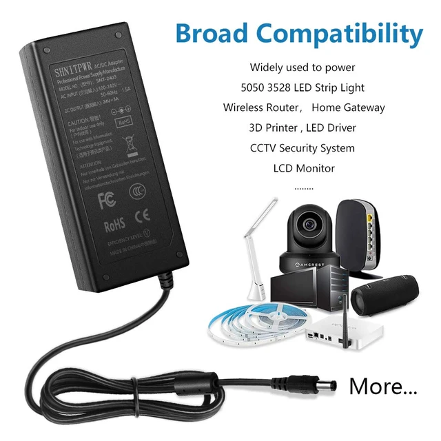 Alt view image 5 of 7 - 24V Power Supply Adapter 24 Volt 3A 72W AC DC Converter 100-240V 50/60hz to DC 24volt 3Amp 2A Transformer,5.5x2.5mm Plug,for 5050 LED Strip Light 3D Printer CCTV LCD Monitor,2Pack