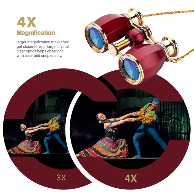 Alt view image 3 of 7 - Opera Glasses for Women, 4x30 Theater Binoculars with Chain, Red Compact Concert Binoculars with Multi-Coated Lenses, Center Focus, Carrying Case & Removable Chain