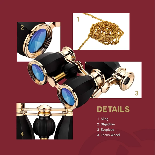 Alt view image 7 of 7 - Opera Glasses for Women, 4x30 Theater Binoculars with Chain, Black Compact Concert Binoculars with Multi-Coated Lenses, Center Focus, Carrying Case & Removable Chain