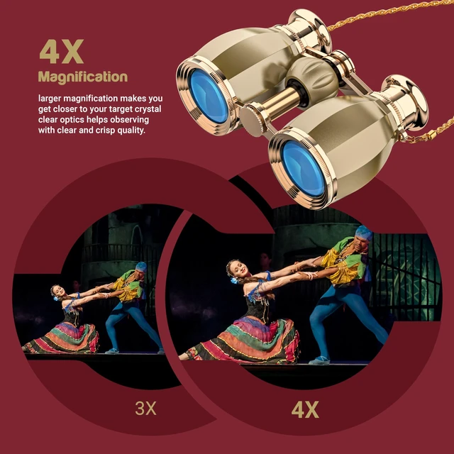 Alt view image 2 of 7 - Opera Glasses for Women, 4x30 Theater Binoculars with Chain,Gold Compact Concert Binoculars with Multi-Coated Lenses, Center Focus, Carrying Case & Removable Chain