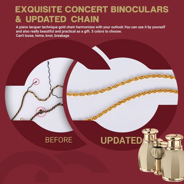 Alt view image 5 of 7 - Opera Glasses for Women, 4x30 Theater Binoculars with Chain,Gold Compact Concert Binoculars with Multi-Coated Lenses, Center Focus, Carrying Case & Removable Chain