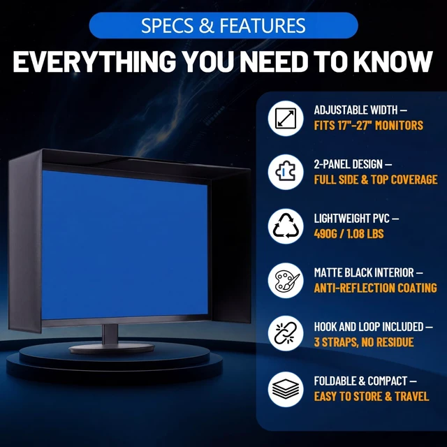 Alt view image 4 of 7 - 1 Set Monitor Hood Sunshade, Adjustable for 1727'' Monitor Monitor Shade Fits 1428" Wide, PVC Coating, Reduces Glare, Enhances Privacy, for Office, Photo Video Editing & Gaming