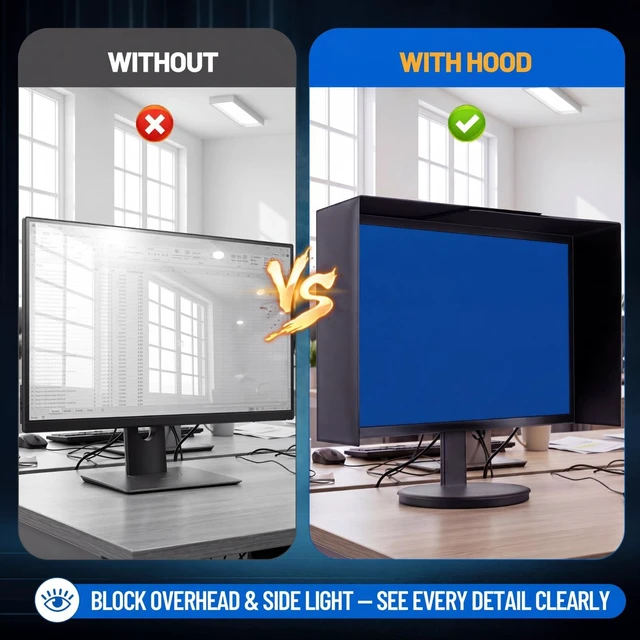 Alt view image 5 of 7 - 1 Set Monitor Hood Sunshade, Adjustable for 1727'' Monitor Monitor Shade Fits 1428" Wide, PVC Coating, Reduces Glare, Enhances Privacy, for Office, Photo Video Editing & Gaming