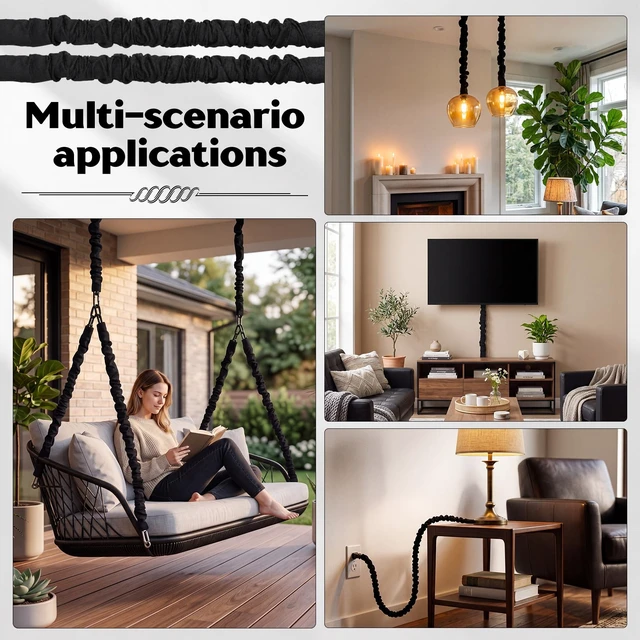 Alt view image 4 of 7 - 6 Pack Fabric Cord Cover for Electric Wire, Black, 2×5.3ft, 4×2.6ft Chandelier Chain Cover, Swing Chain Linen Shade with Hidden Hook Loop Closure Sleeves, for Chandelier Wires Cable Swing